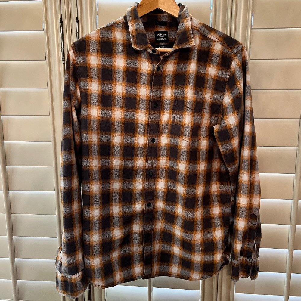 Prana flannel button down shirt. Size Medium. Brown/Orange Plaid